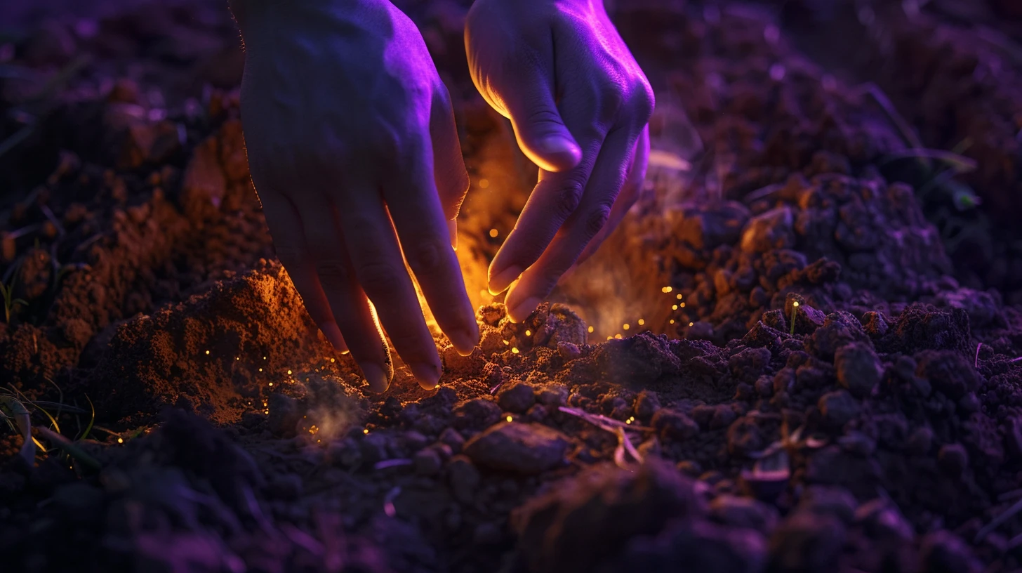 Mãos descobrindo ouro brilhante em solo escuro e onírico