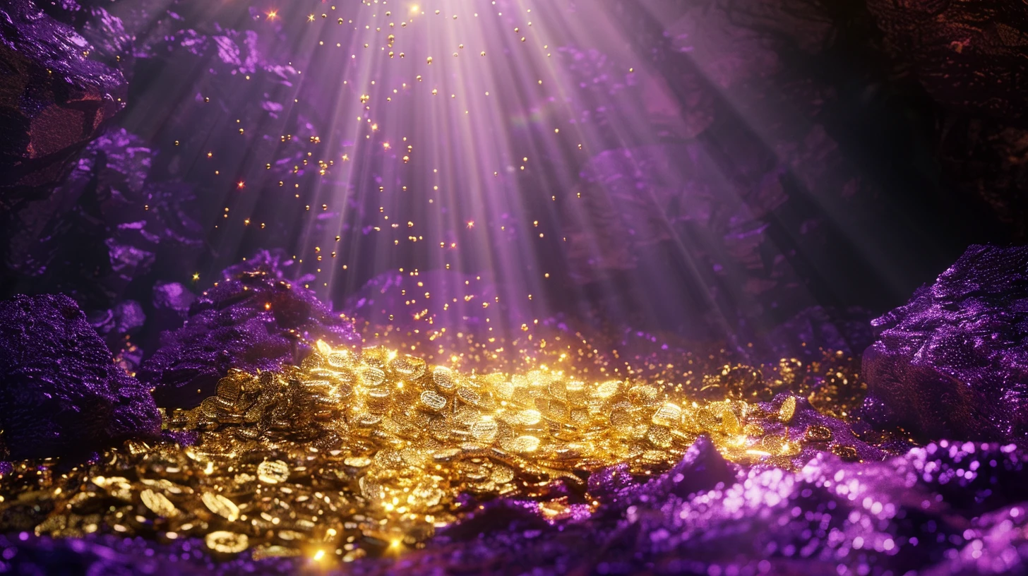 Mãos descobrindo pepitas de ouro em terra escura e mística