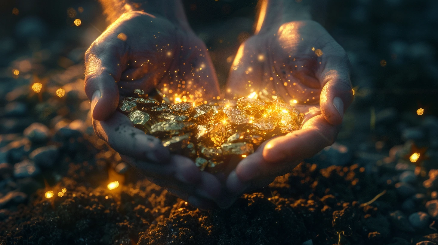 Ouro brilhando em solo escuro, descoberta e revelação espiritual