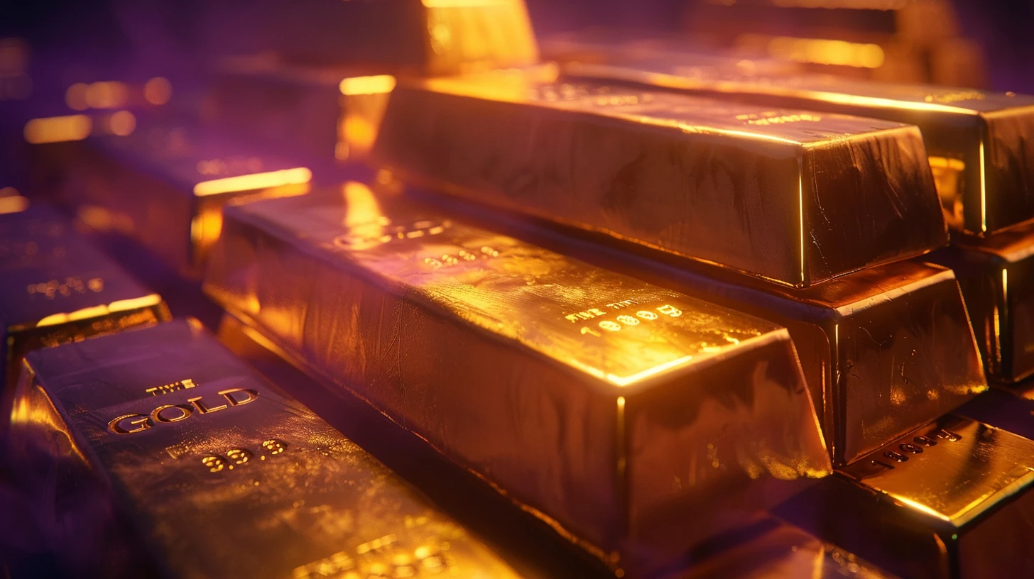 Barras de ouro brilhantes em atmosfera onírica dourada e mística