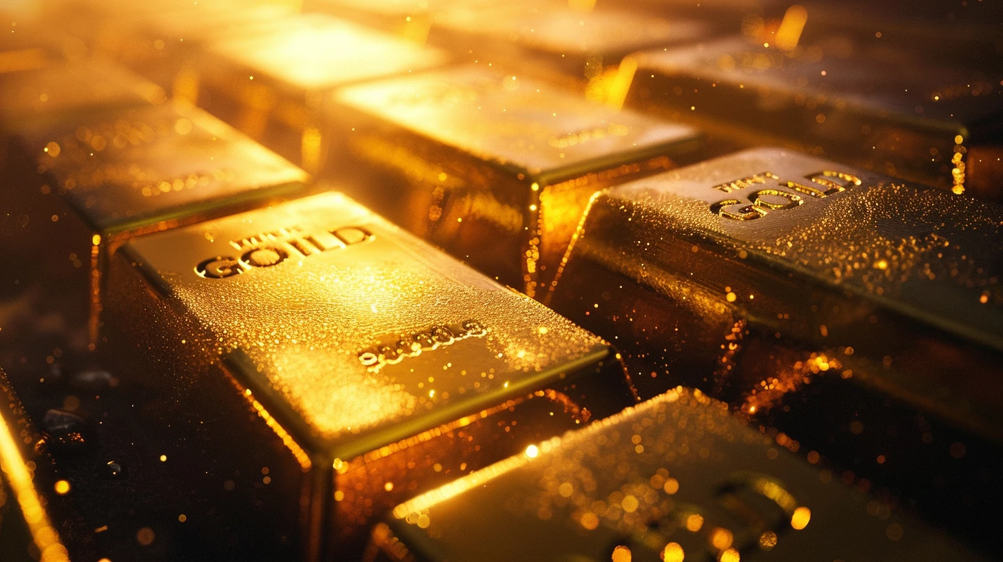 Barras de ouro empilhadas em luz dourada intensa e onírica