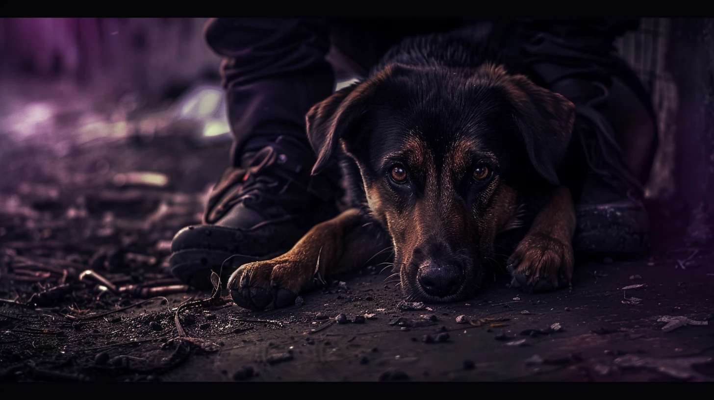Cachorro mordendo perna em atmosfera onírica escura e intensa