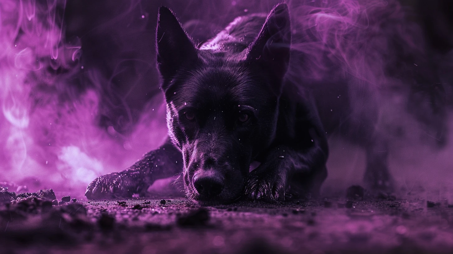 Cachorro agressivo em posição de ataque, cenário onírico tenso