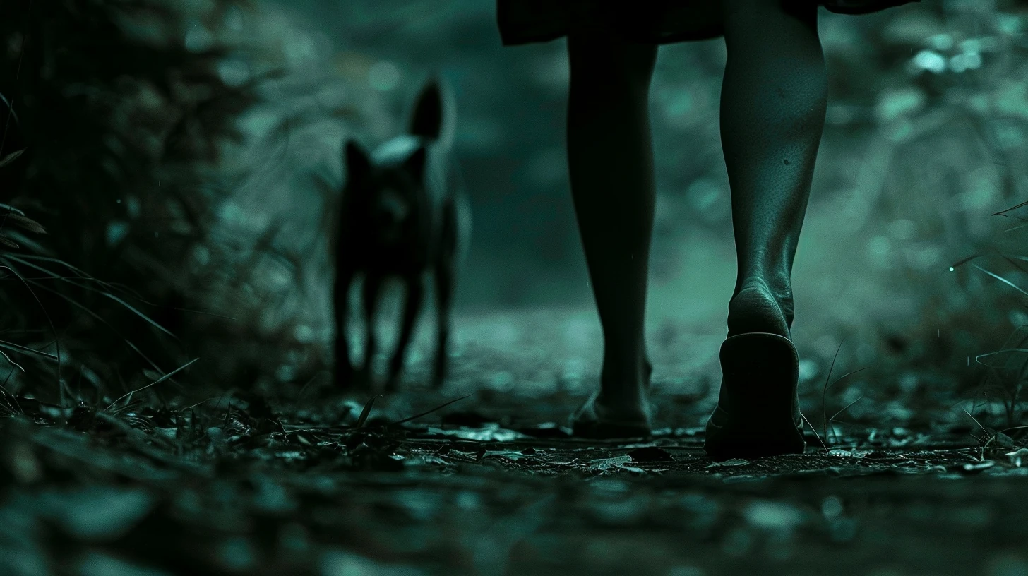 Pernas em caminho onírico escuro, movimento e bloqueio