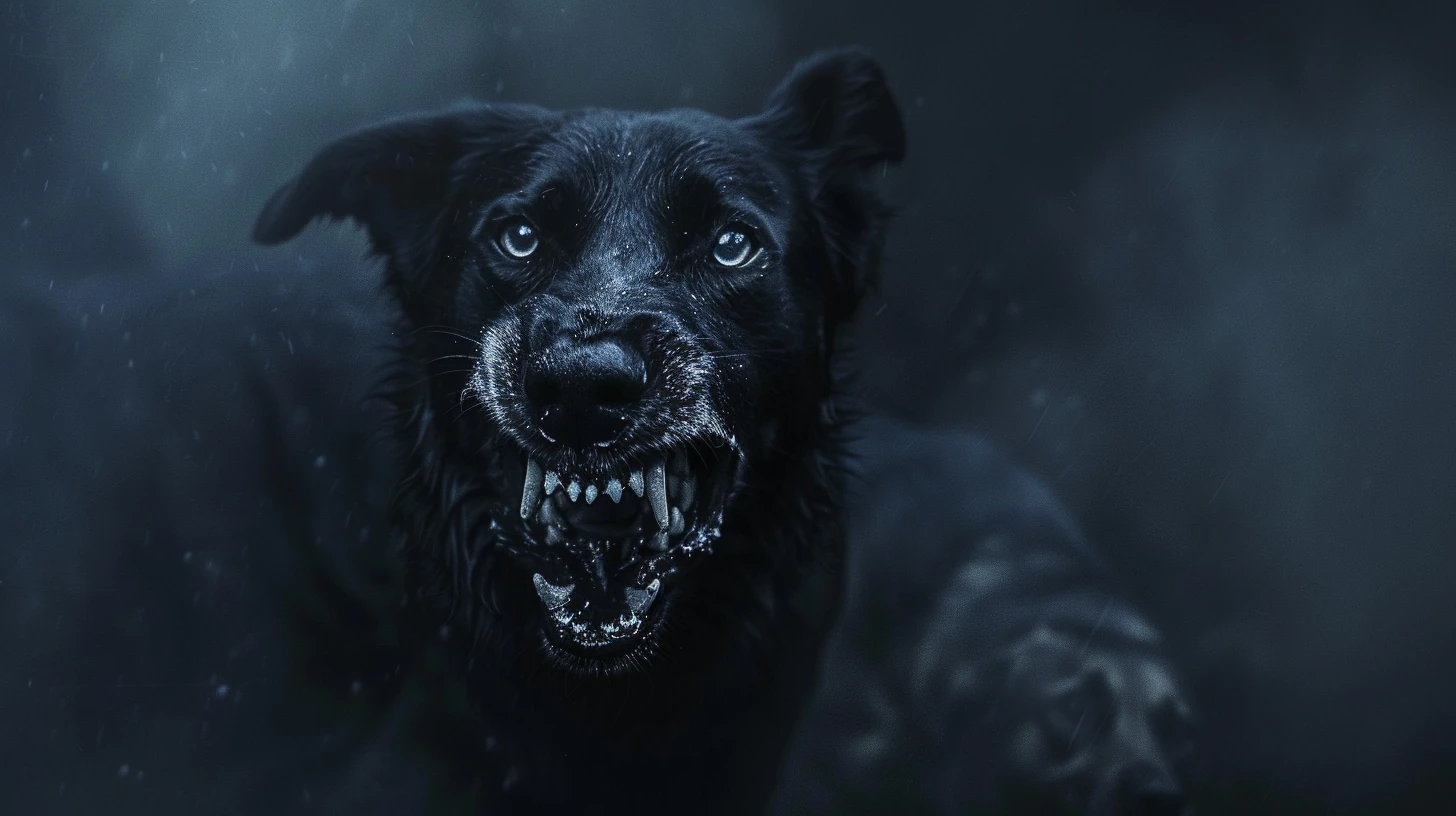 Cachorro rosnando e em posição de ataque em cenário onírico escuro