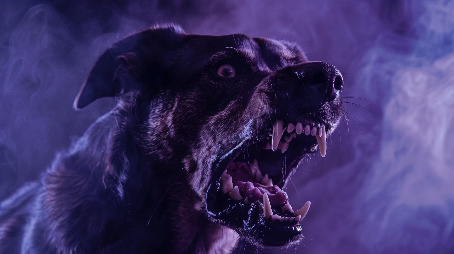 Cachorro em posição de ataque, rosnando em cenário escuro e tenso