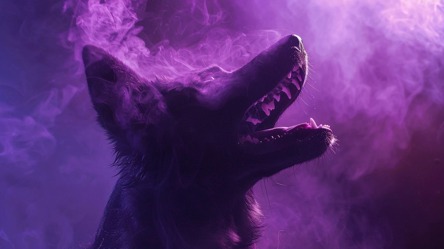 Cachorro agressivo em atmosfera mística, aviso espiritual e tensão