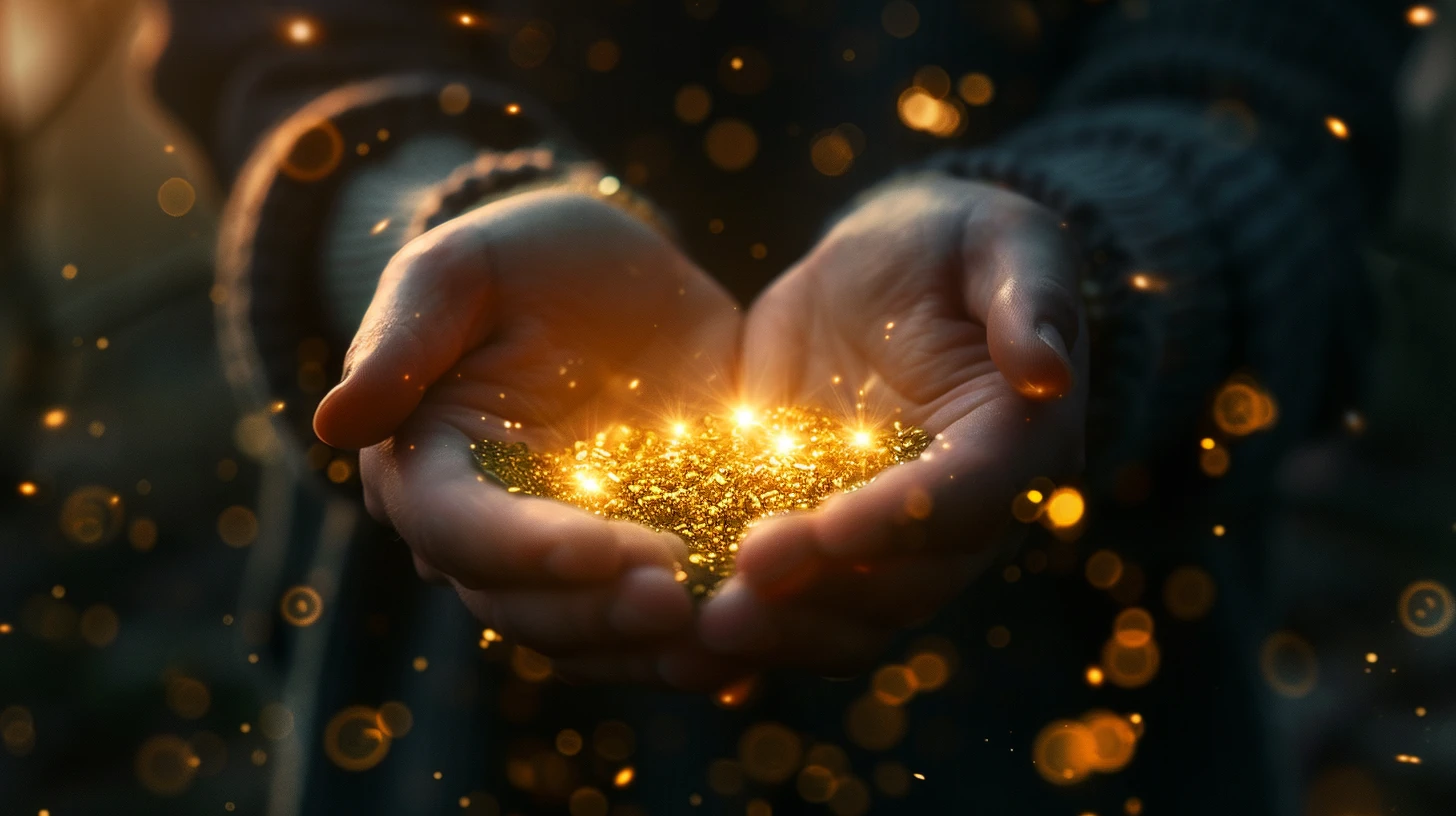 Mãos segurando ouro brilhante em atmosfera onírica dourada e mística