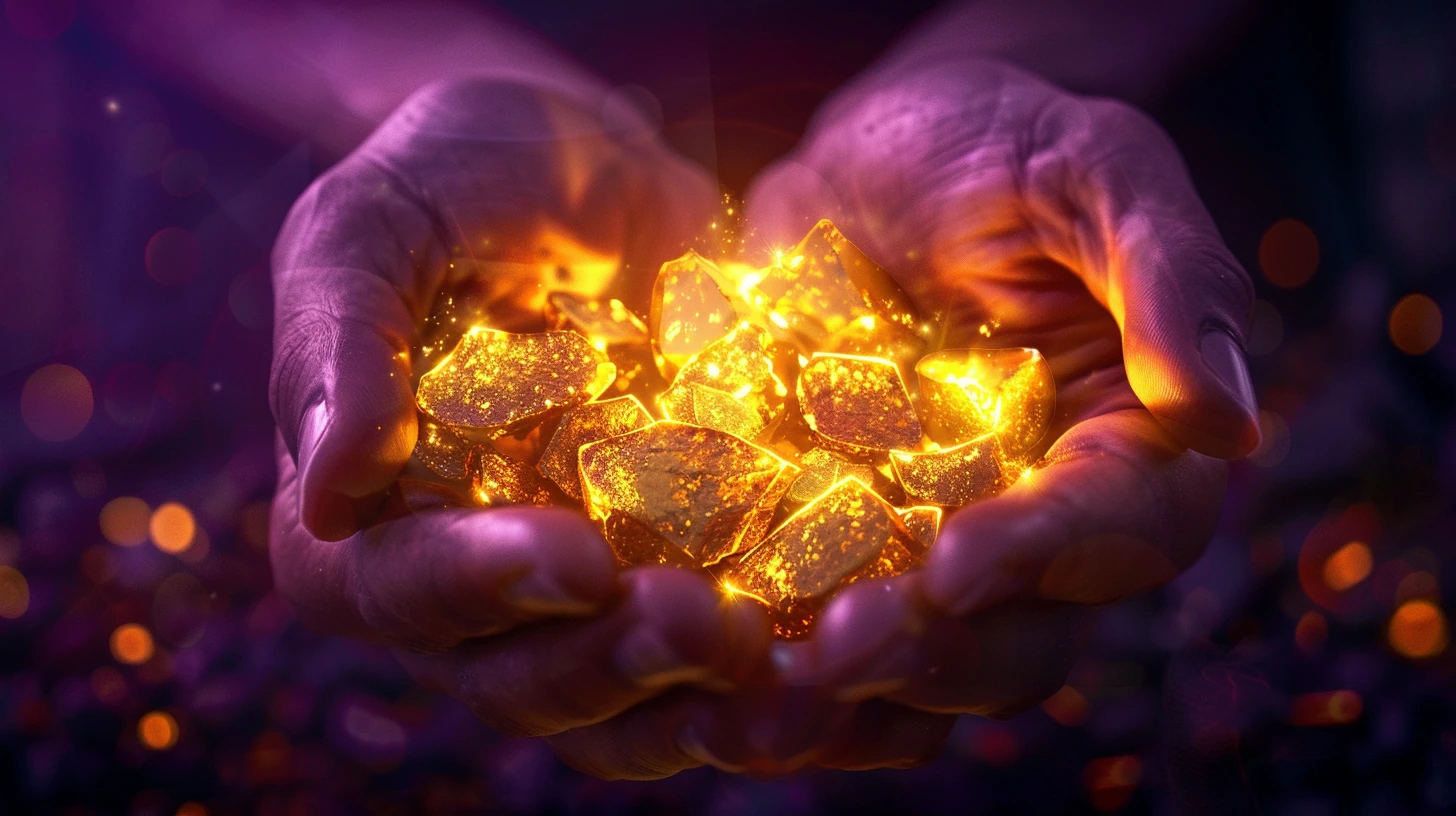 Mãos abertas segurando ouro brilhante em luz dourada intensa