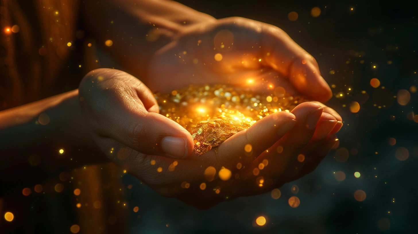 Mãos com ouro em ambiente sagrado e espiritual, responsabilidade e dons