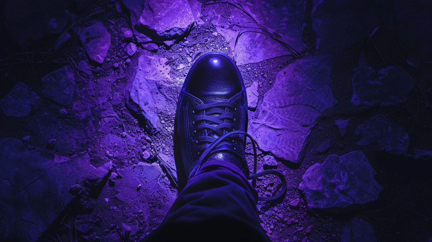 Sapato preto sobre solo escuro, autoridade e proteção espiritual