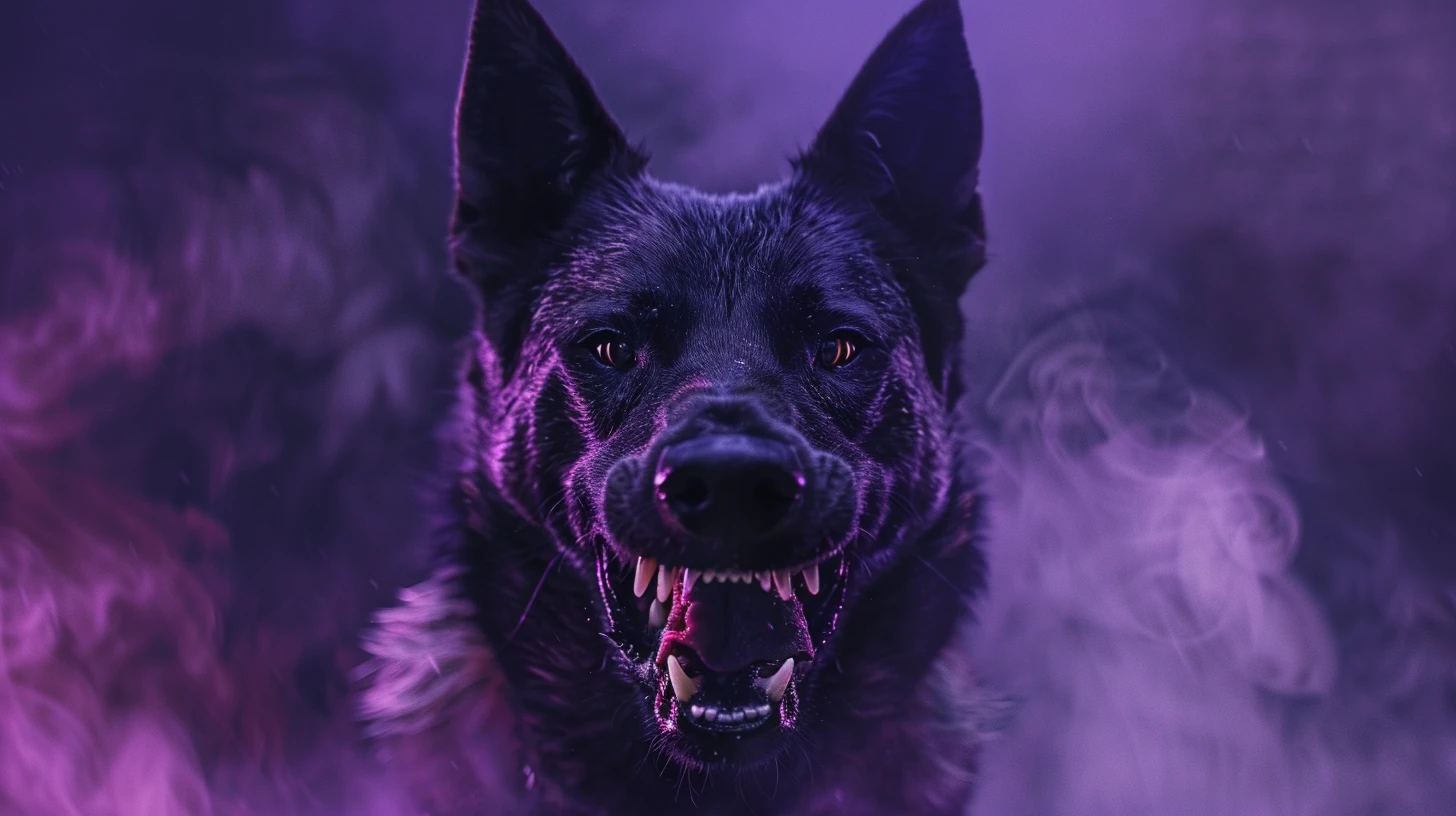 Cachorro mostrando dentes em cenário onírico escuro e tenso