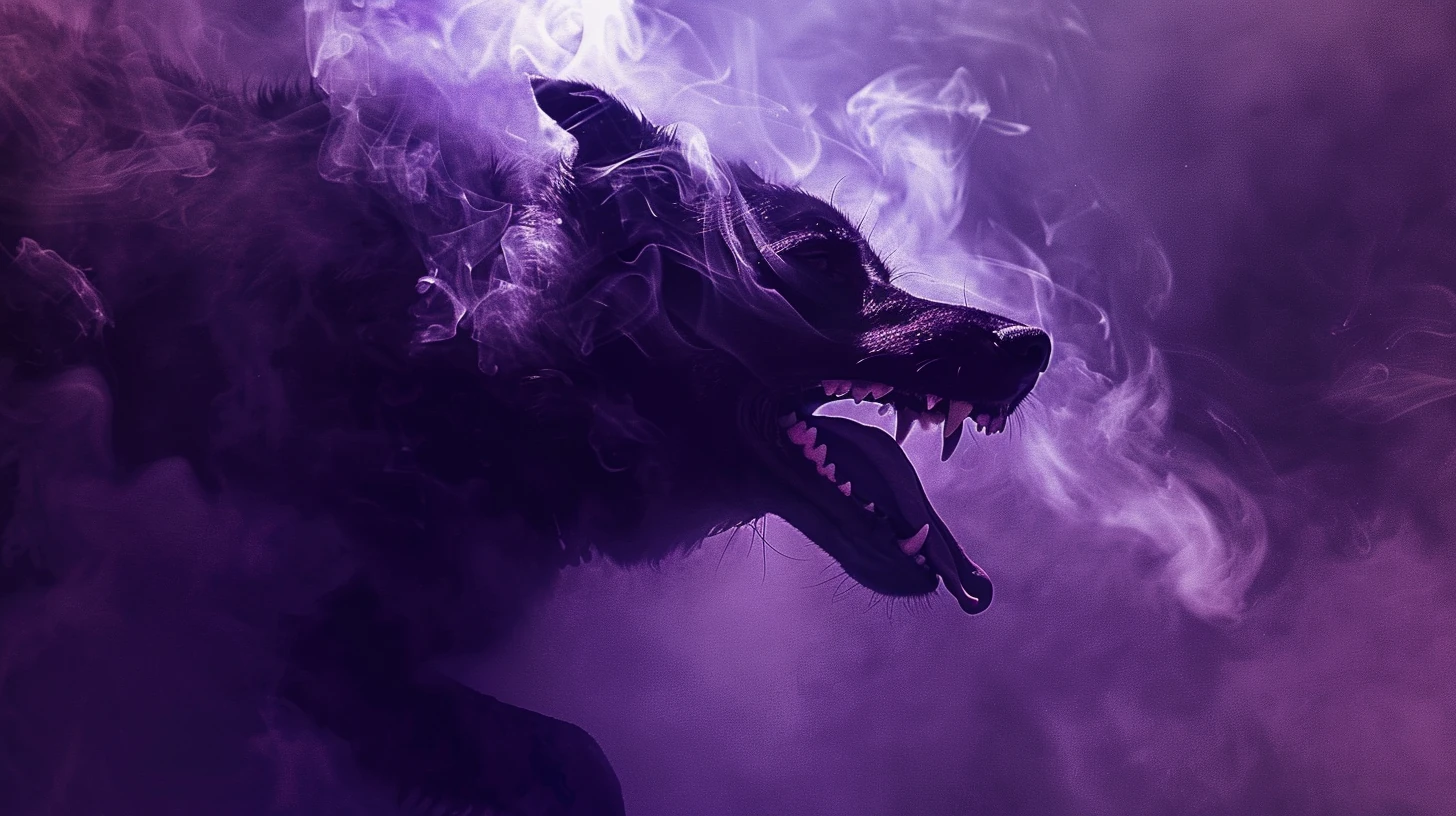 Cachorro com comportamento ameaçador em cenário onírico escuro