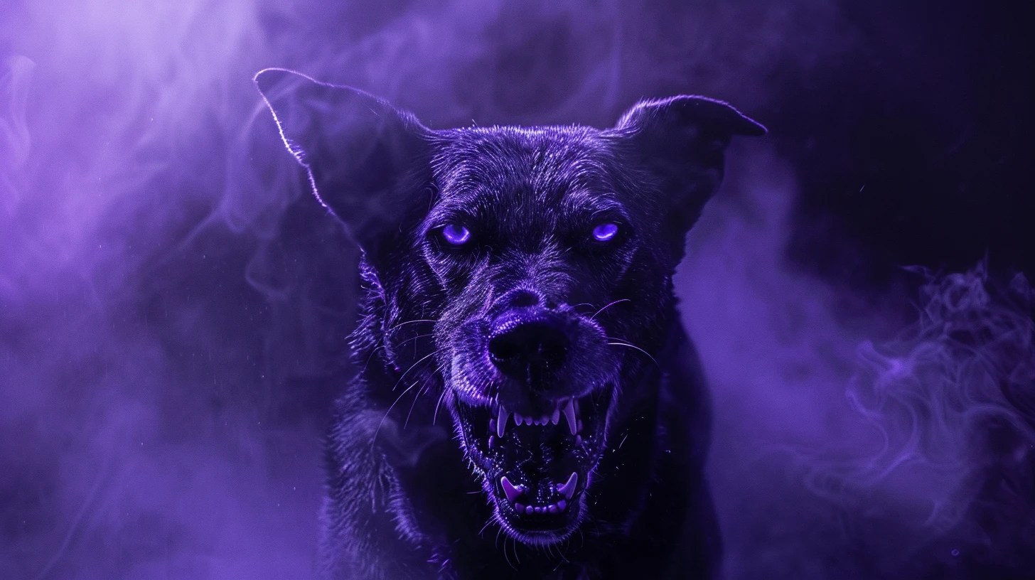 Cachorro feroz em ambiente escuro e místico, alerta espiritual