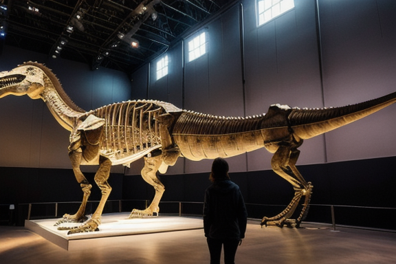 Person standing in front of a dinosaur skeleton in a museum