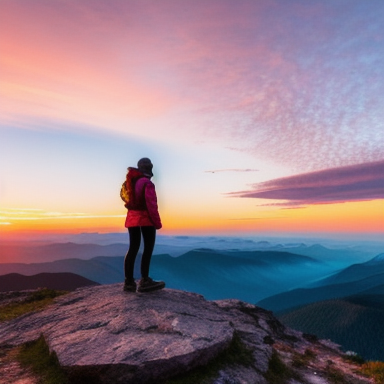 Person standing on top of a mountain at sunrise