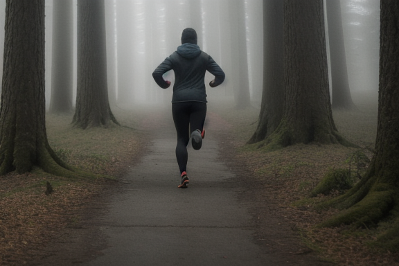 Person running through a foggy forest