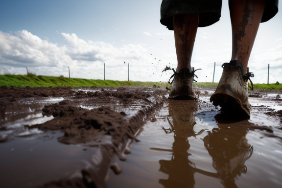 Person crossing a muddy field