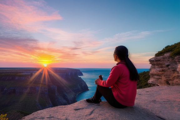 Person sitting on a cliff, gazing at a mesmerizing sunset