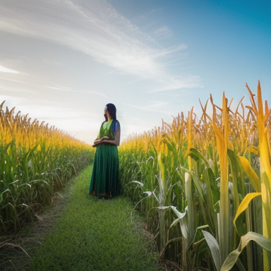 Person standing in a field of green cornstalks