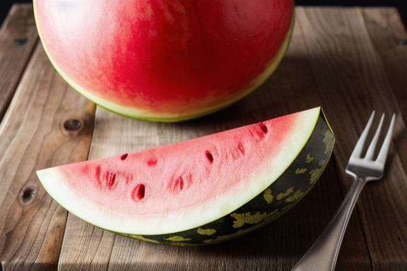 A juicy slice of watermelon on a wooden table, ready to be enjoyed