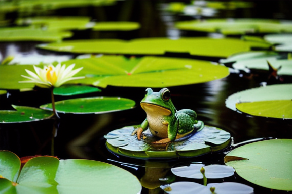 Pond with frog sitting on a lily pad