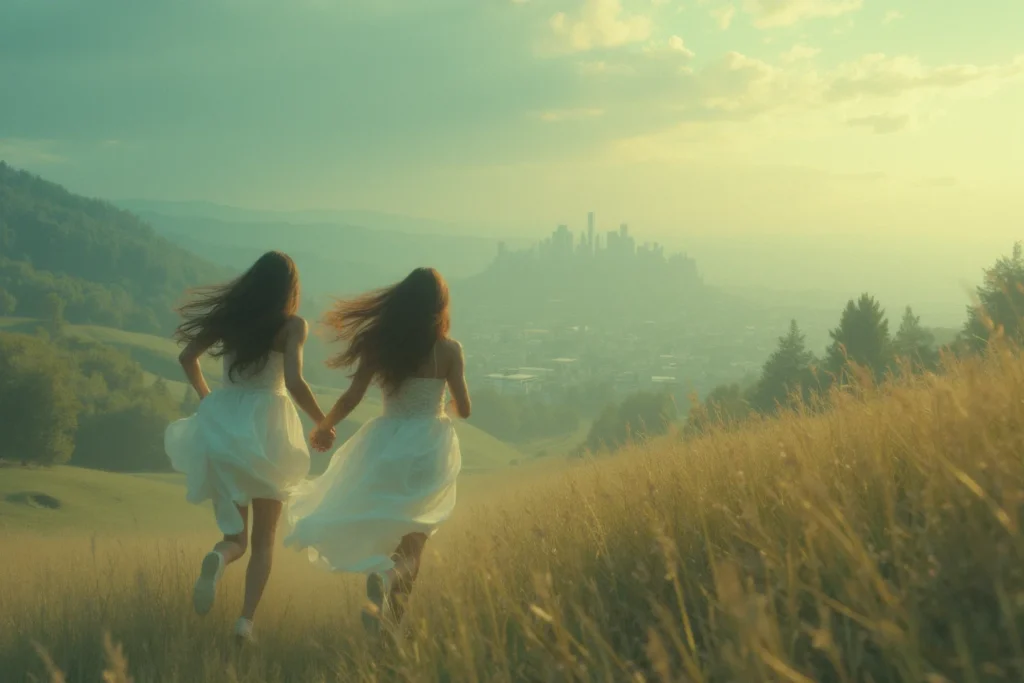 2 mulheres de mãos dadas correndo