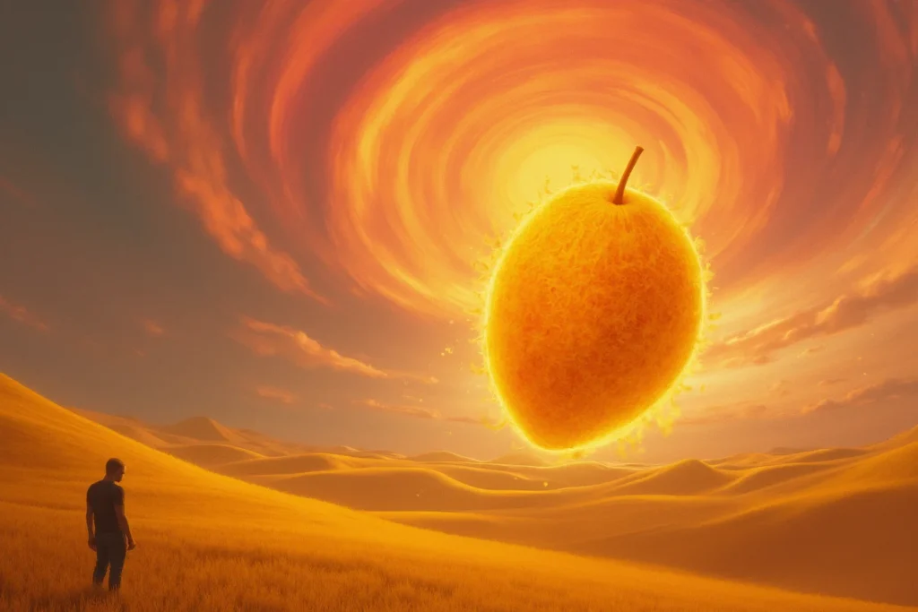 imagem mostra uma manga gigante no céu e uma pessoa do seu lado