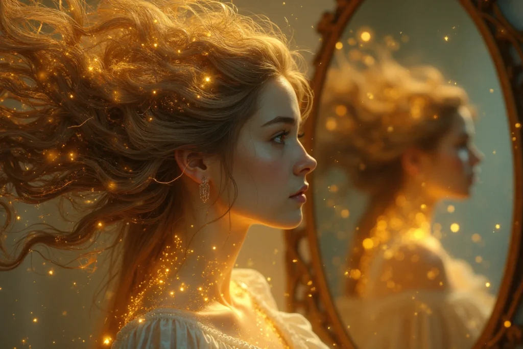 Mulher Ruiva olhando no espelho com cabelos esvoaçantes