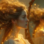 Mulher Ruiva olhando no espelho com cabelos esvoaçantes