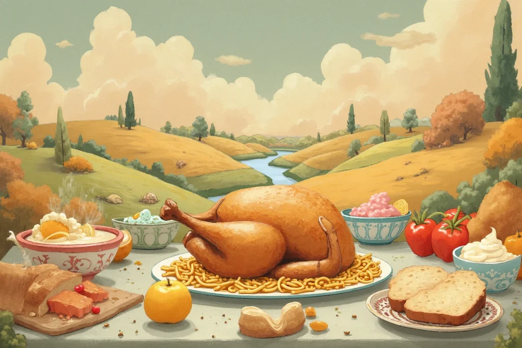 uma paisagem com um frango assado