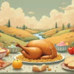 uma paisagem com um frango assado