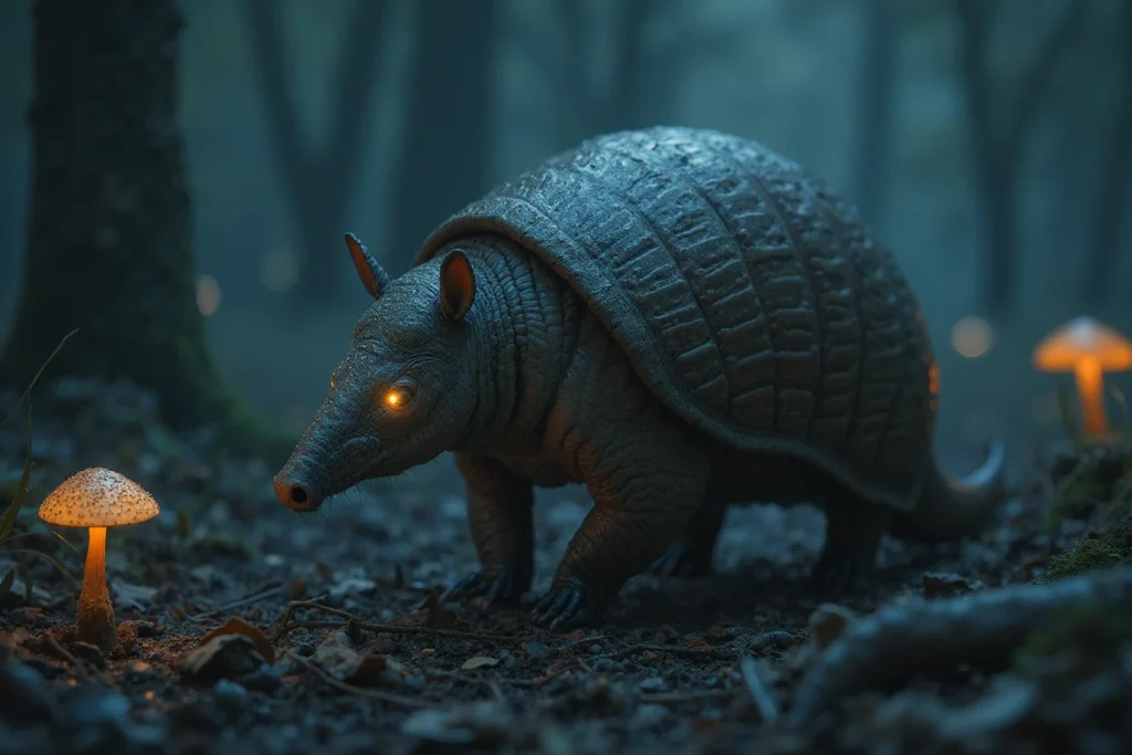 Tatu a noite com os olhos vermelhos e um cogumelo