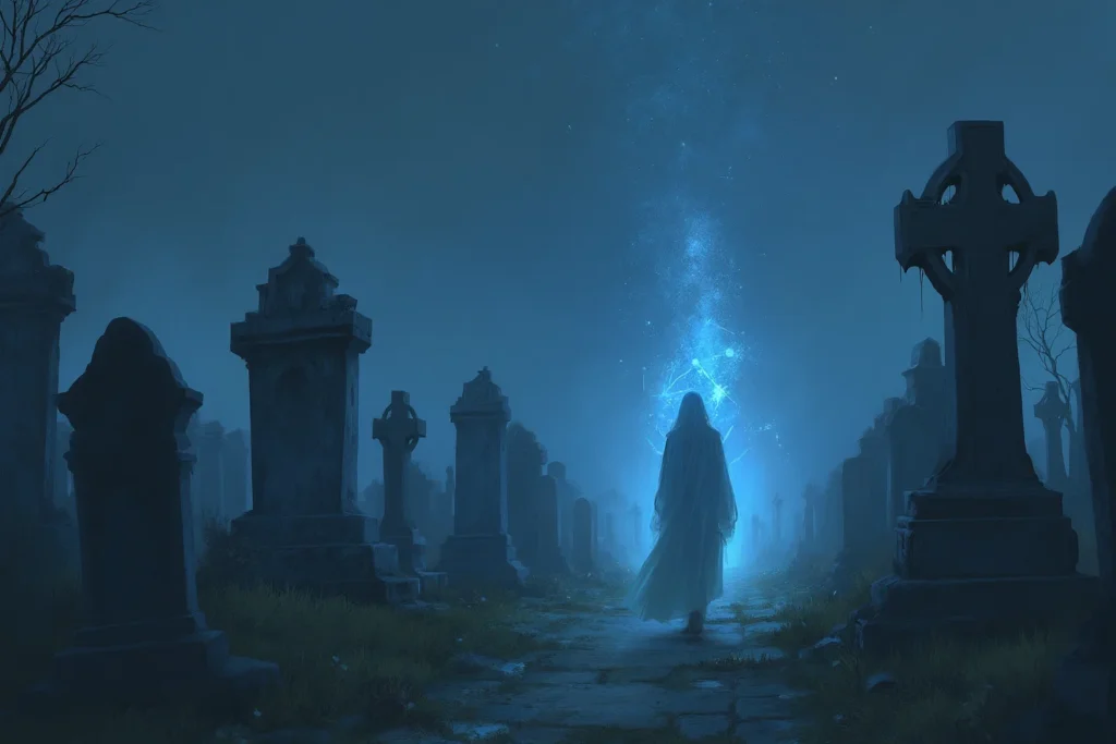 Cemitério a noite com mulher misteriosa