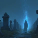 Cemitério a noite com mulher misteriosa